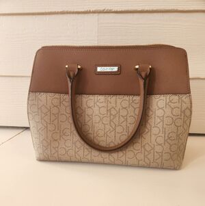 Calvin Klein Signature Tan and Brown Satchel Handbag, EUC-like new